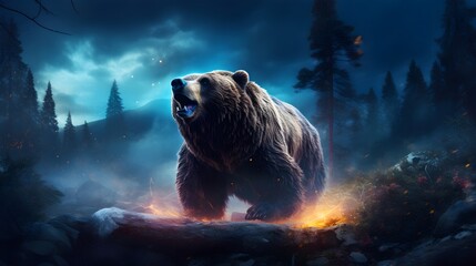 Ethereal Grizzly: Explore magical scenes of a North American forest with a mystical grizzly bear. Uncover enchanting moments on Adobe Stock