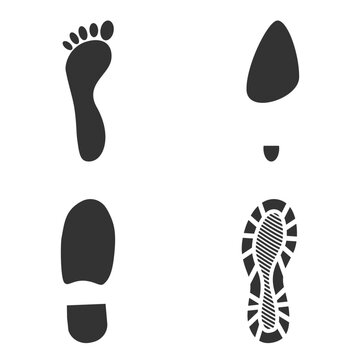 Set of humans footprint. Footprints silhouettes foot and shoes isolated on white background, such as idea of logo in gray. Stock vector. EPS10.