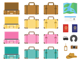 旅行カバンと旅行グッズのイラスト素材セット