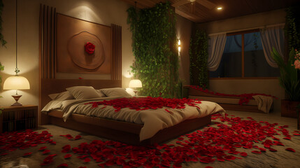 Romantic Bedroom Adorned with Rose Petals