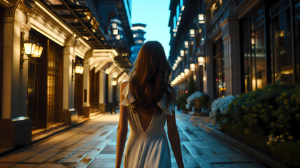 beautiful woman going evening at the best hotel in the city, view from back - obrazy, fototapety, plakaty