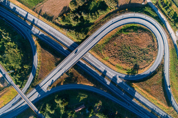 zenithal aerial drone view of a highway approach. Portugal