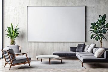 A minimalist wall mockup in a modern interior setting, a blank canvas perfect for artwork or advertising display, surrounded by sleek furniture and subtle decor, spacious and well-lit