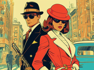 Two secret agents male and female characters. Secret spy forces or detectives personages, retro style - obrazy, fototapety, plakaty