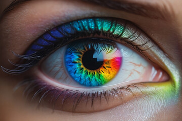 Fototapeta premium A close-up beautiful eye of a female person, iris with rainbow colors, cinematic light