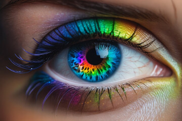 Fototapeta premium A close-up beautiful eye of a female person, iris with rainbow colors, cinematic light