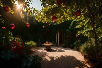 Step into a garden oasis surrounded by the bounty of dense pomegranate trees. Immaculate lighting reveals the super realistic intricacies, turning this scene