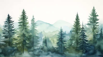 Watercolor landscape with fir trees