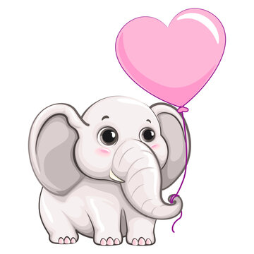 vector illustration of cartoon cute little elephant character holding pink heart-shaped balloons for Valentine's event