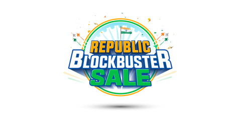 Shopping and advertising promotional sale Logo for Republic Day of India. 26 january, Blockbuster sale offer, deal discount, web banner poster and logotype.
