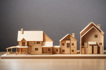 wooden house maquette model with two family sizes and different home affordability and wealth level concepts as the wide banner with copy space area for text design. - obrazy, fototapety, plakaty