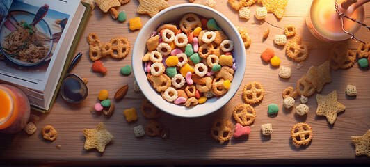 Children's cereal is poured into a plate next to a children's book, generative AI
