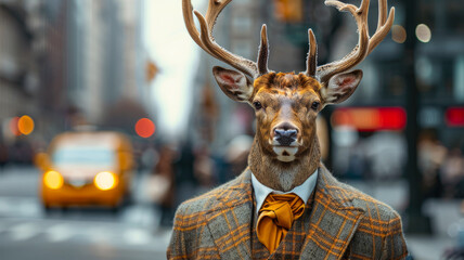 Graceful deer roams city streets in refined attire, embodying street style with elegance. The realistic urban backdrop frames this majestic creature, seamlessly merging natural beauty with contemporar