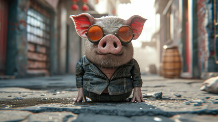 Sophisticated pig graces the urban landscape in tailored fashion, epitomizing street style. The realistic city backdrop sets the stage for this stylish swine, blending whimsy with contemporary eleganc - obrazy, fototapety, plakaty