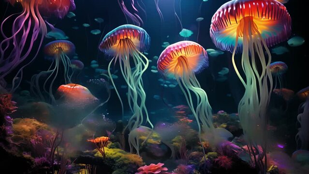 Delve into a psychedelic underwater wonderland, where vibrant jellyfish pulsate with living colors, creating a feast for the senses.