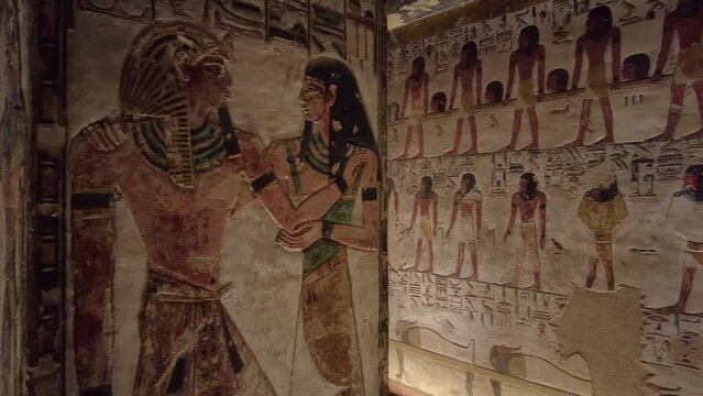 Luxor, Egypt - November 25 2023: Panoramic view of hieroglyphs in the interior of the famous Seti the first tomb in the valley of Kings in Luxor in Egypt. 