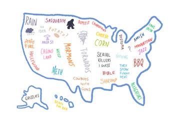 Meme map of America - funny stereotypes - obrazy, fototapety, plakaty