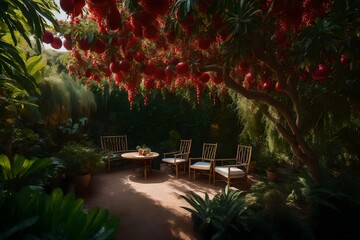 Delve into the tranquility of a garden embraced by the lushness of dense pomegranate trees. Perfect lighting accentuates the super realistic details