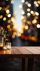 Fototapeta na wymiar Wooden table bokeh city view background, empty wood desk tabletop counter surface product display mockup with blurry cityscape lights abstract backdrop presentation. Mock up, copy space.