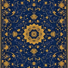 ramadan kareem concept, praying mat islamic background, dark blue with yellow, generative ai