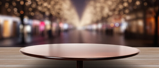 Fototapeta premium Wooden table bokeh city view background, empty wood desk tabletop counter surface product display mockup with blurry cityscape lights abstract backdrop presentation. Mock up, copy space.