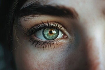 A close up view of a person's green eye. This image can be used in various projects that require an intense and captivating visual