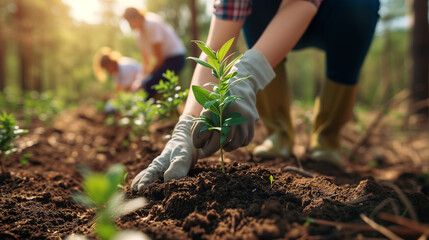 Afforestation Efforts in Action: Volunteers Planting Young Trees in Forest Soil, Conservation and Reforestation in Sunlit Woods - obrazy, fototapety, plakaty