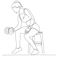 Single continuous line drawing of strong young weightlifting woman preparing for barbell training in gym. Weightlifting workout concept. Trendy one line draw graphic design vector illustration