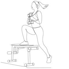 Single continuous line drawing of strong young weightlifting woman preparing for barbell training in gym. Weightlifting workout concept. Trendy one line draw graphic design vector illustration