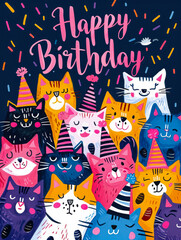 Birthday Card very colourful with Smiling and laughing Cats and Birthday hats on their heads, Gouache "Happy Birthday"