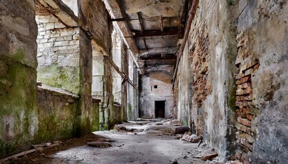 Fototapeta na wymiar old abandoned house, old abandoned factory wall corridor texture stone building 