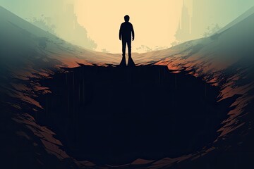 lonely person stand in front of deep hole in ground illustration - obrazy, fototapety, plakaty