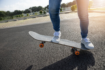 Skateboard outdoors in sunrise citys