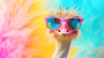 cute ostrich wearing sunglasses in studio with a colorful and bright background. AI Generative - obrazy, fototapety, plakaty