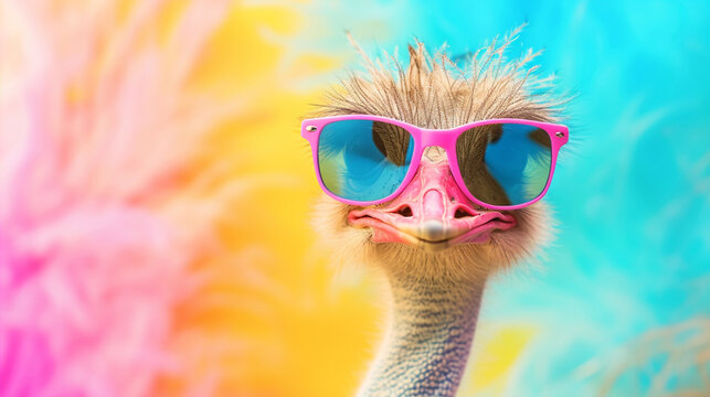 cute ostrich wearing sunglasses in studio with a colorful and bright background. AI Generative