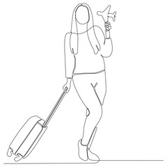 One line drawing of a young woman with a suitcase at the airport. Happy young man arrives from trip. Airport activity concept. Continuous line draw graphic design vector illustration