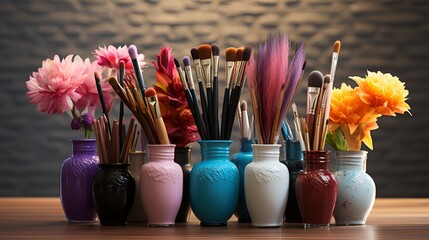colorful vase with flowers and paint brushes  - Powered by Adobe