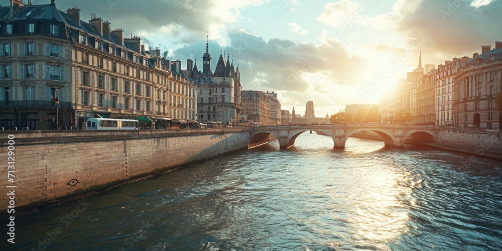 Poster a picture of a bridge spanning over a river with buildings in the background. this image can be used