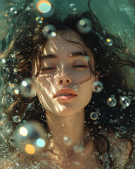 photo shot of a beautiful young woman in romantic dramatic retro analog style, vintage grainy photoshoot with brunette girl with water, holographic bubbles and sparkles with summer vibes