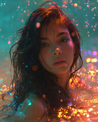 photo shot of a beautiful young woman in romantic dramatic retro analog style, vintage grainy photoshoot with brunette girl with water, holographic bubbles and sparkles with summer vibes