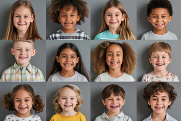 Collage of portraits and faces of smiling multiracial  various diverse children for profile picture