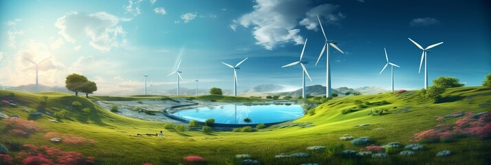 Windmills energy. Green energy concept. Green landscapes with sustainable energy production - 713129217