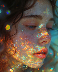 photo shot of a beautiful young woman in romantic dramatic retro analog style, vintage grainy photoshoot with brunette girl with water, holographic bubbles and sparkles with summer vibes