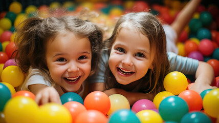 Dos niñas en un parque de bolas dentro de una piscina de bolas. - obrazy, fototapety, plakaty