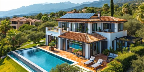 Sustainable Oasis: Aerial View of Modern Residential Area with Solar Panels, Pool, and Sunny Summer Bliss, Generative AI - obrazy, fototapety, plakaty