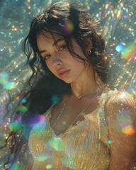 photo shot of a beautiful young woman in romantic dramatic retro analog style, vintage grainy photoshoot with brunette girl with water, holographic bubbles and sparkles with summer vibes
