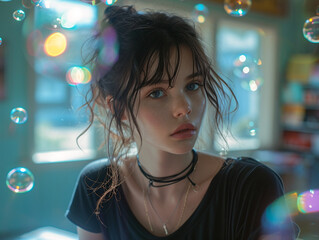 photo shot of a beautiful young woman in romantic dramatic retro analog style, vintage grainy photoshoot with brunette girl with water, holographic bubbles and sparkles with summer vibes