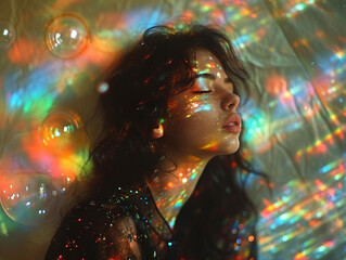 photo shot of a beautiful young woman in romantic dramatic retro analog style, vintage grainy photoshoot with brunette girl with water, holographic bubbles and sparkles with summer vibes