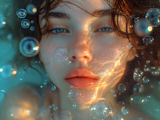 photo shot of a beautiful young woman in romantic dramatic retro analog style, vintage grainy photoshoot with brunette girl with water, holographic bubbles and sparkles with summer vibes