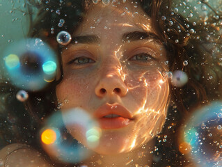 photo shot of a beautiful young woman in romantic dramatic retro analog style, vintage grainy photoshoot with brunette girl with water, holographic bubbles and sparkles with summer vibes